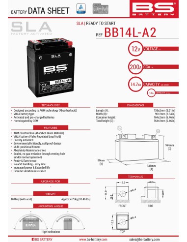 BS AKUMULATOR BB14L-A2 (FA) (YB14L-A2,YB14L-B2) 12V 14AH 135X91X167 BEZOBSŁUGOWY - ZALANY (210A) (4) - ZASTĘPUJE 300835