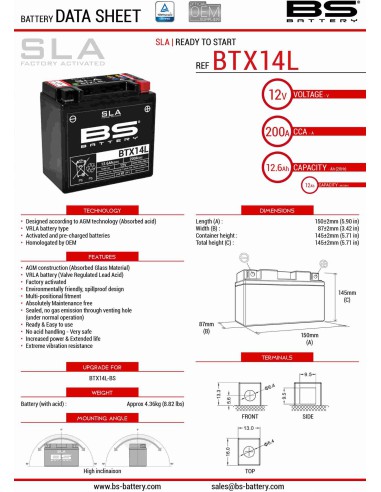 BS AKUMULATOR BTX14L (FA) (YTX14L-BS) 12V 12AH 150X87X145 BEZOBSŁUGOWY - ZALANY (200A) (4)