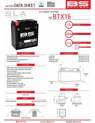 BS AKUMULATOR BTX16 (FA) (YTX16-BS) 12V 14AH 152X88X161 BEZOBSŁUGOWY - ZALANY (230A) (4)