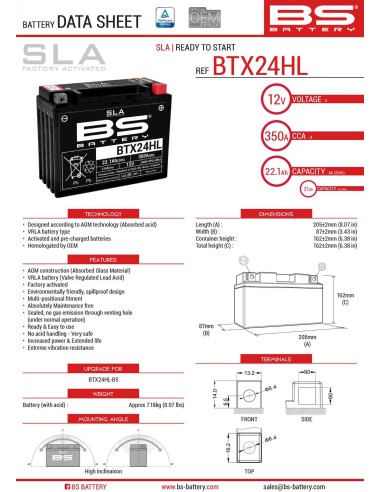 BS AKUMULATOR BTX24HL (FA) (YTX24HL-BS) 12V 21AH 205X87X162 BEZOBSŁUGOWY - ZALANY (350A) (4) - ZASTĘPUJE 300755