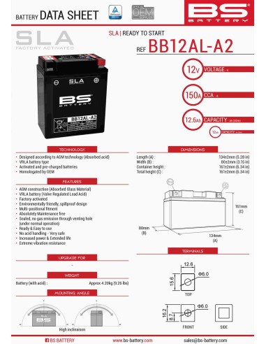 BS AKUMULATOR BB12AL-A2 (FA) (YB12AL-A2) 12V 12AH 135X81X161 BEZOBSŁUGOWY - ZALANY (140A) (5)