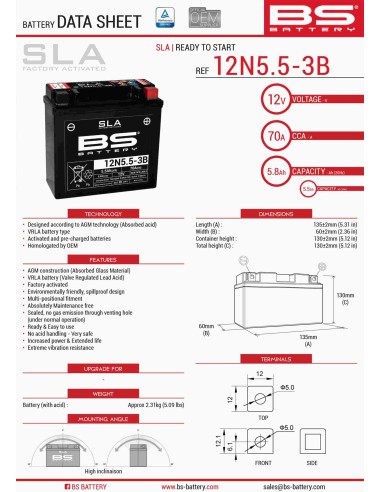 BS AKUMULATOR 12N5,5-3B (FA) (12N5,5-3B) 12V 5,5AH 138X61X131 BEZOBSŁUGOWY - ZALANY (70A) (6)