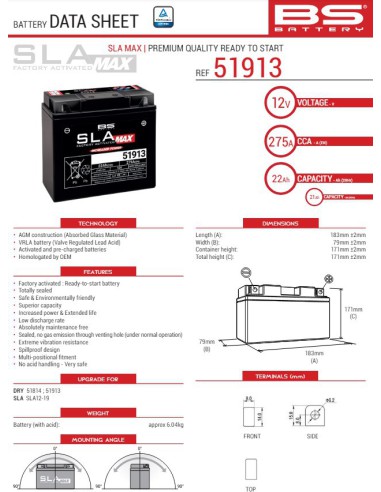 BS AKUMULATOR 51913/51814 MAX (FA) (G12-19,SLA12-19,SLA12-22) 12V 21AH 183X79X171 BEZOBSŁUGOWY - ZALANY (ZWIĘKSZONY PRĄD