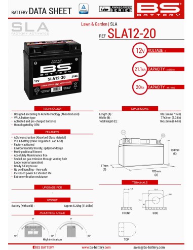 BS AKUMULATOR SLA12-20 (FA) (SLA12-18) 12V 20AH 182X77X168 BEZOBSŁUGOWY - ZALANY (180A) (4)