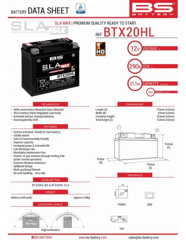 BS AKUMULATOR BTX20HL MAX (FA) (YTX20HL-BS) 12V 20AH 176X87X153 BEZOBSŁUGOWY - ZALANY (ZWIĘKSZONY PRĄD ROZRUCHOWY) (310A) -