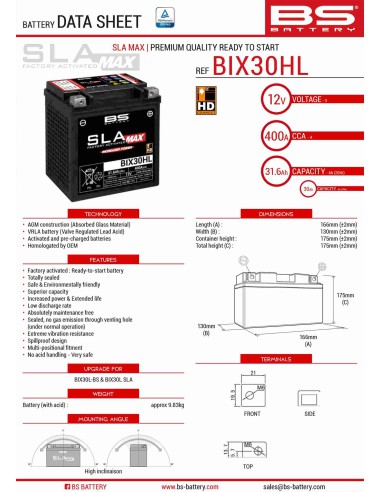 BS AKUMULATOR BIX30HL MAX (FA) (YTX30L) 12V 30AH 166X130X175 BEZOBSŁUGOWY - ZALANY (ZWIĘKSZONY PRĄD ROZRUCHOWY) (440A) (2)