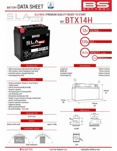 BS AKUMULATOR BTX14H MAX (FA) (YTX14-BS) 12V 14AH 150X87X145 BEZOBSŁUGOWY - ZALANY (ZWIĘKSZONY PRĄD ROZRUCHOWY) (220A) -