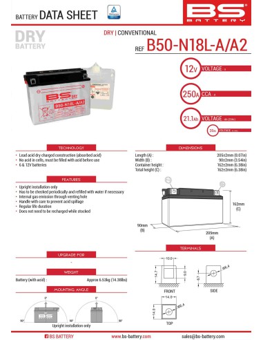 BS AKUMULATOR B50-N18L-A/A2 (Y50-N18L-A/A2) 12V 20AH 205X90X162 OBSŁUGOWY - ELEKTROLIT OSOBNO 250A (2) UE2019/1148