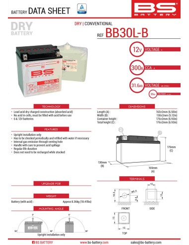 BS AKUMULATOR BB30L-B (YB30L-B) 12V 30AH 168X132X176 OBSŁUGOWY - ELEKTROLIT OSOBNO (300A) HARLEY DAVIDSON, POLARIS 600/700 (2)