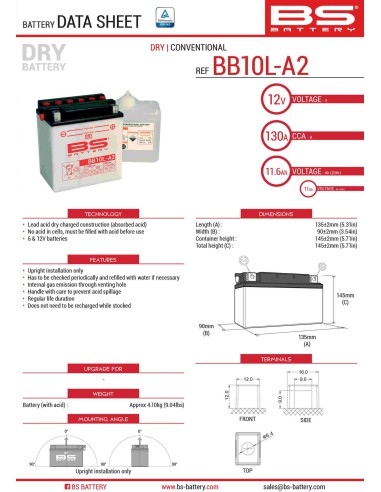 BS AKUMULATOR BB10L-A2 (YB10L-A2) 12V 11AH 136X91X146 OBSŁUGOWY - ELEKTROLIT OSOBNO (160A) (4) UE2019/1148