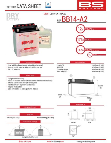 BS AKUMULATOR BB14-A2 (YB14-A2) 12V 14AH 134X89X166 OBSŁUGOWY - ELEKTROLIT OSOBNO (175A) (4) UE2019/1148