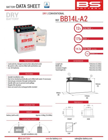 BS AKUMULATOR BB14L-A2 (YB14L-A2) 12V 14AH 135X91X167 OBSŁUGOWY - ELEKTROLIT OSOBNO (175A) (4) UE2019/1148