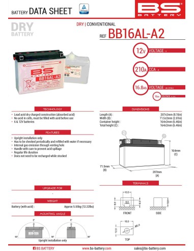 BS AKUMULATOR BB16AL-A2 (YB16ALA2) 12V 16AH 205X71X164 OBSŁUGOWY - ELEKTROLIT OSOBNO (175A) (3) UE2019/1148