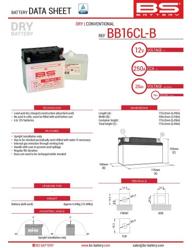 BS AKUMULATOR BB16CL-B (YB16CL-B) 12V 19AH 175X100X175 OBSŁUGOWY - ELEKTROLIT OSOBNO (250A) (2) UE2019/1148