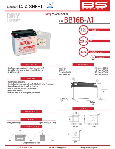 BS AKUMULATOR BB16B-A1 (YB16B-A1) 12V 16AH 160X90X161 OBSŁUGOWY - ELEKTROLIT OSOBNO (215A) (4) UE2019/1148