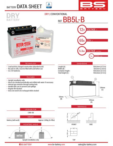 BS AKUMULATOR BB5L-B (YB5L-B) (12N5-3B) 12V 5AH 120X60X130 OBSŁUGOWY - ELEKTROLIT OSOBNO (65A) (6) UE2019/1148