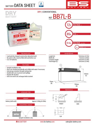 BS AKUMULATOR BB7L-B (YB7L-B) (12N7-3B) (YB7L-B2) 12V 8AH 135X75X133 OBSŁUGOWY - ELEKTROLIT OSOBNO (85A) (6) UE2019/1148