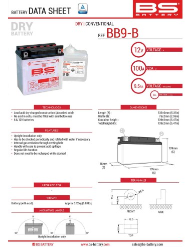 BS AKUMULATOR BB9-B (YB9-B) (12N9-4B-1) 12V 9AH 135X75X139 OBSŁUGOWY - ELEKTROLIT OSOBNO (115A) (6) UE2019/1148