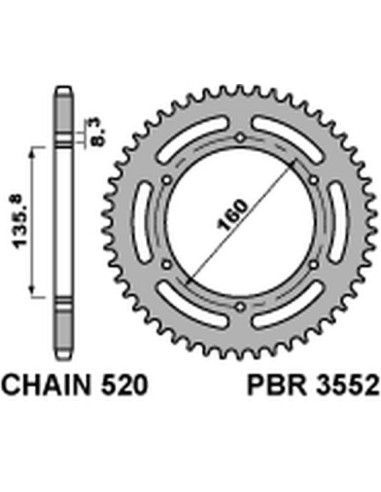 PBR ZĘBATKA TYLNA ALUMINIOWA (ERGAL) 3552 38 APRILIA ETX 125 '84 BMW G310 R '16-'20 (-2) (ŁAŃC. 520) KOLOR SREBRNY