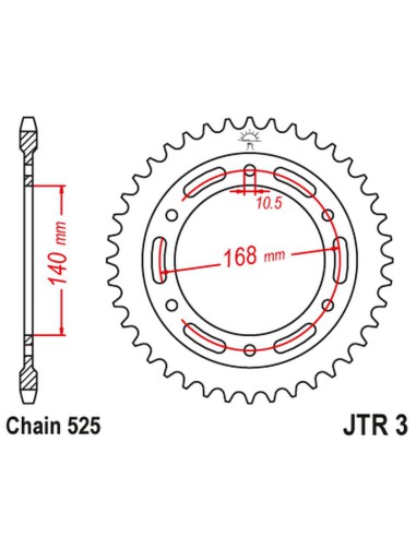 JT ZĘBATKA TYLNA 4613 47 BMW F 800 R '09-'20 (OTWÓR NA ŚRUBĘ 10,5MM) (461347JTZBK) (ŁAŃC. 525) KOLOR CZARNY