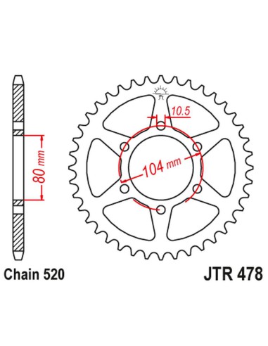 JT ZĘBATKA TYLNA 478 43 KAWASAKI ZX6R (05-13), Z750 (47843JTZBK) (MOŻE BYĆ ZASTĄPIONA PRZEZ 4578 43 JTR1478.43) (ŁAŃC. 520)