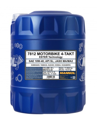 MANNOL OLEJ SILNIKOWY 4T MOTORBIKE 10W40 20L ESTER + MA2 SYNTETYK (7812) (API SN) (48)