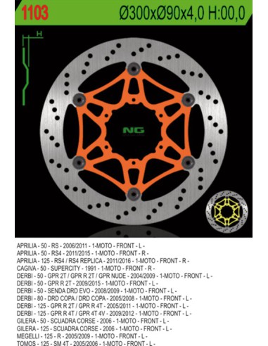 NG TARCZA HAMULCOWA PRZÓD APRILIA RS 50/125 '11-'14 (RS4), RS50 '07-'08, DERBI 50/80/125 (300X90X4) (6X6,5MM)