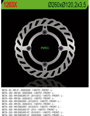 NG TARCZA HAMULCOWA PRZÓD BETA 50/350/400/450/498/500 RR ENDURO (260X120,2X3,5) (4X8,5MM) WAVE 4 OTWORY