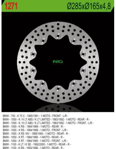 NG TARCZA HAMULCOWA PRZÓD BMW K 75C/RT/S '94-'96, PRZÓD/TYŁ K 100 '84-'93, K1100 '92-'00 (285X165X4,8) (10X5,5MM)