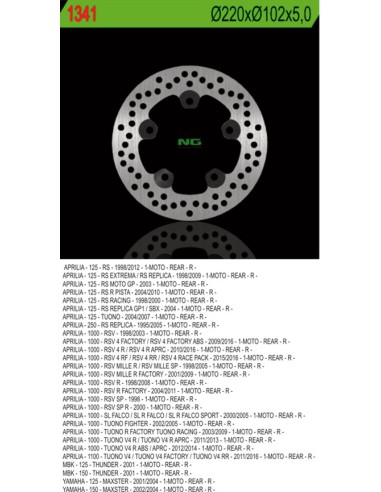 NG TARCZA HAMULCOWA TYŁ APRILIA RS 125, TUONO 1000, RSV 1000 (220X102X5 5 OTWORÓW)