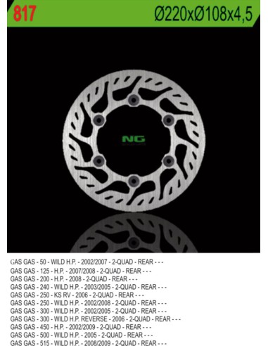 NG TARCZA HAMULCOWA TYŁ GAS GAS 50/125/200/250/300/450/500/515 (220X108X4,5)