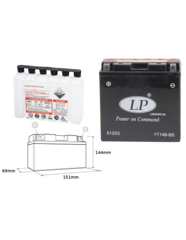 LANDPORT AKUMULATOR YT14B-BS (MA LT14B-BS) 12V 12AH 150X69X145 BEZOBSŁUGOWY - ELEKTROLIT OSOBNO (4) UE2019/1148(190A)