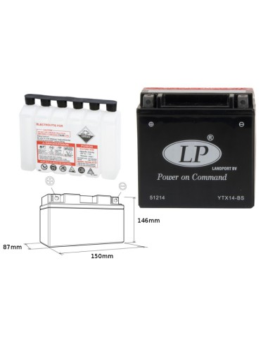 LANDPORT AKUMULATOR YTX14BS (MA LTX14-BS) 12V 12AH 152X88X147 BEZOBSŁUGOWY - ELEKTROLIT OSOBNO (4) UE2019/1148