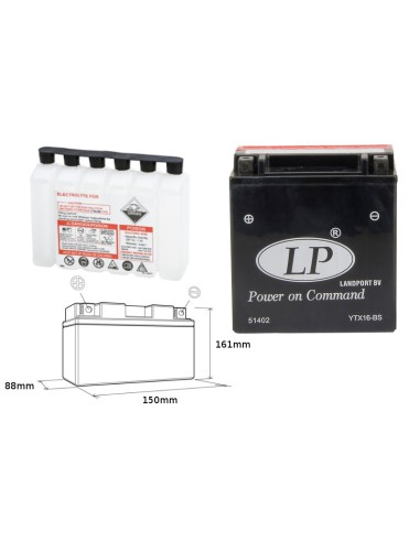 LANDPORT AKUMULATOR YTX16-BS (MA LTX16-BS) 12V 14AH 152X88X161 BEZOBSŁUGOWY - ELEKTROLIT OSOBNO (4) UE2019/1148