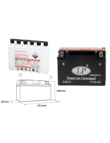 LANDPORT AKUMULATOR YTX9-BS (MA LTX9-BS) 12V 8AH 152X88X106 BEZOBSŁUGOWY - ELEKTROLIT OSOBNO (6) UE2019/1148