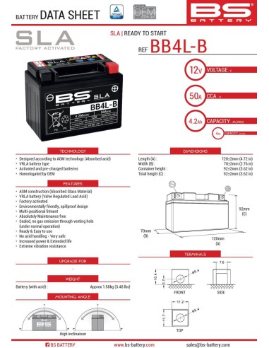 BS AKUMULATOR BB4L-B (FA) (YB4L-B) 12V 4AH 120X70X92 BEZOBSŁUGOWY - ZALANY (50A) (8)