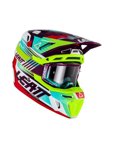 LEATT KASK MOTO 8.5 V23 (+ GOGLE VELOCITY 5.5 GRATIS) HELMET KIT NEON KOLOR ZIELONY FLUO/FIOLETOWY/NIEBIESKI ROZMIAR M (57-58