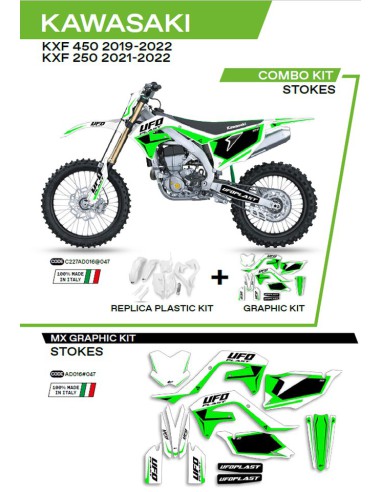 UFO KOMPLET PLASTIKÓW KAKIT227047 PLUS KOMPLET NAKLEJEK (OKLEIN) KAWASAKI KXF 250 '21-'22 KXF 450 '19-'22 W ZESTAWIE PRZEDNIA