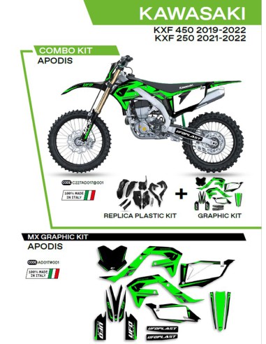 UFO KOMPLET PLASTIKÓW KAKIT227001 PLUS KOMPLET NAKLEJEK (OKLEIN) KAWASAKI KXF 250 '21-'22 KXF 450 '19-'22 W ZESTAWIE PRZEDNIA