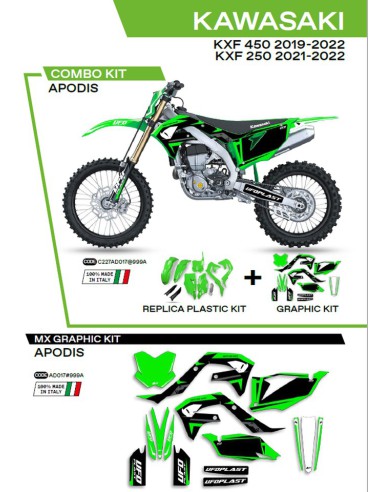 UFO KOMPLET PLASTIKÓW KAKIT227999A PLUS KOMPLET NAKLEJEK (OKLEIN) KAWASAKI KXF 250 '21-'22 KXF 450 '19-'22 W ZESTAWIE PRZEDNIA