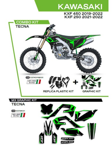 UFO KOMPLET PLASTIKÓW KAKIT227001 PLUS KOMPLET NAKLEJEK (OKLEIN) KAWASAKI KXF 250 '21-'22 KXF 450 '19-'22 W ZESTAWIE PRZEDNIA