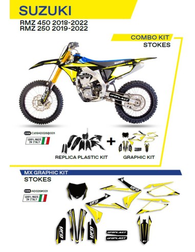 UFO KOMPLET PLASTIKÓW SUKIT418001 PLUS KOMPLET NAKLEJEK (OKLEIN) SUZUKI RMZ 250 '19-'22 RMZ 450 '18-'22 W ZESTAWIE PRZEDNIA