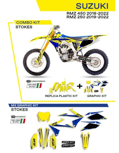 UFO KOMPLET PLASTIKÓW SUKIT418102 PLUS KOMPLET NAKLEJEK (OKLEIN) SUZUKI RMZ 250 '19-'22 RMZ 450 '18-'22 W ZESTAWIE PRZEDNIA