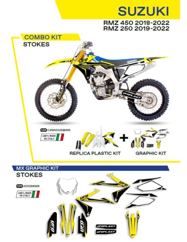 UFO KOMPLET PLASTIKÓW SUKIT418999 PLUS KOMPLET NAKLEJEK (OKLEIN) SUZUKI RMZ 250 '19-'22 RMZ 450 '18-'22 W ZESTAWIE PRZEDNIA