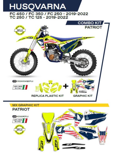 UFO KOMPLET PLASTIKÓW HUKIT622DFLU PLUS KOMPLET NAKLEJEK (OKLEIN) HUSQVARNA TC 125/250 '19-'22 FC 250/350/450 '19-'22 W ZESTAWIE