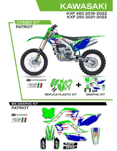 UFO KOMPLET PLASTIKÓW KAKIT227999A PLUS KOMPLET NAKLEJEK (OKLEIN) KAWASAKI KXF 250 '21-'22 KXF 450 '19-'22 W ZESTAWIE PRZEDNIA