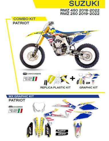 UFO KOMPLET PLASTIKÓW SUKIT418999 PLUS KOMPLET NAKLEJEK (OKLEIN) SUZUKI RMZ 250 '19-'22 RMZ 450 '18-'22 W ZESTAWIE PRZEDNIA