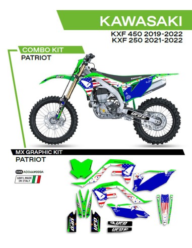 UFO KOMPLET NAKLEJEK (OKLEIN) KAWASAKI KXF 250 '21-'22 KXF 450 '19-'22 PATRIOT KOLOR OEM (ZIELONY/NIEBIESKI) - WYPRZEDAŻ