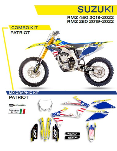 UFO KOMPLET NAKLEJEK (OKLEIN) SUZUKI RMZ 250 '19-'22 RMZ 450 '18-'22 PATRIOT KOLOR OEM (ŻÓŁTY/NIEBIESKI/BIAŁY) - WYPRZEDAŻ