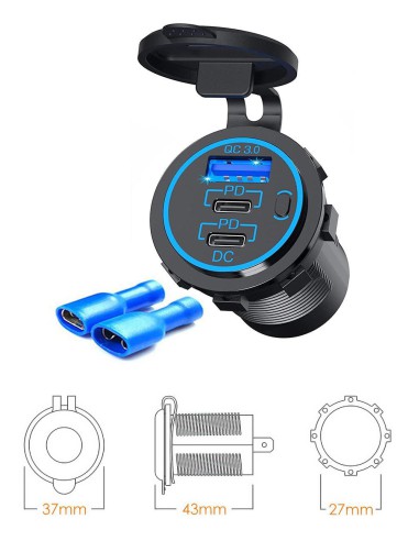 BIKETEC MOTOCYKLOWE POTRÓJNE GNIAZDO USB QC 3.0 X 1 I PD X 2 - 54 W POWER DELIVERY MONTAŻ NA POWIERZCHNIE PŁASKĄ (OWIEWKA,